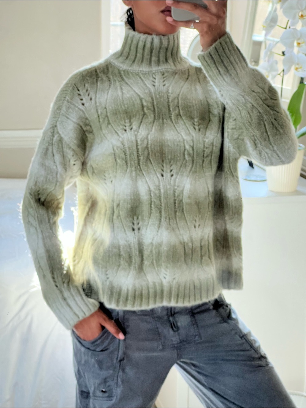 Sage Green Cable Knit Turtleneck Sweater